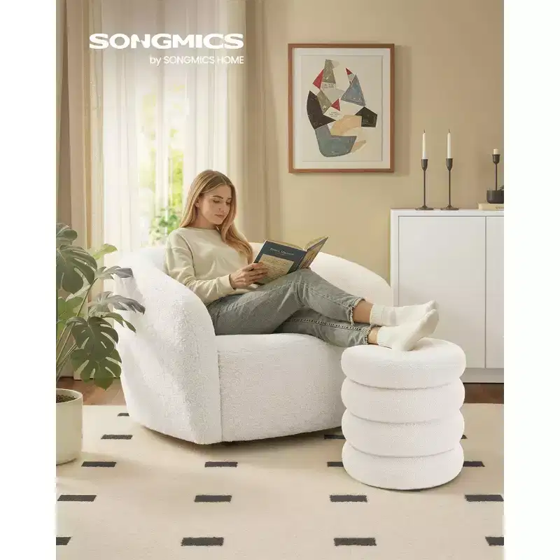 SONGMICS Vanity Stool, Round Ottoman with Storage, Upholstered, Removable Lid, Easy Assembly, 16.9 x 16.9 x 18.5 Inches, Teddy Fleece, White