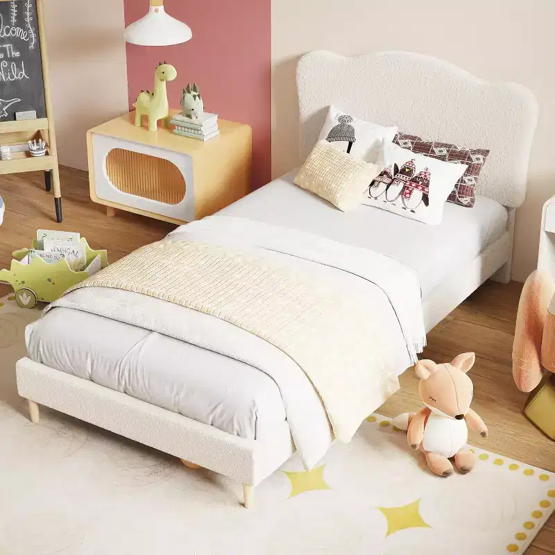 Twin Size Bed Frame with Adjustable Headboard, Boucle Upholstered Platform Bed for Kids, Strong Wood Slats, No Box Spring Needed