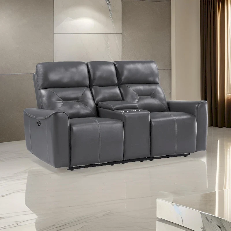 73 Inch Power Double Recliner Loveseat, Dark Gray Faux Leather, Wood