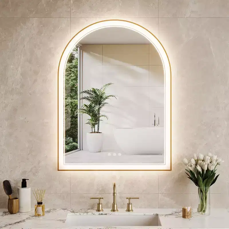 GustoWave Gold Arched Bathroom Mirror, Vanity Mirror with LED Lights, Anti-Fog Surface, 3 Color Temperatures