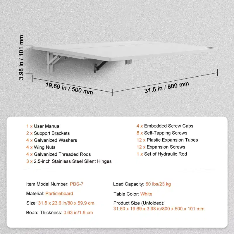 Wall Mounted Folding Table, 31.5 x 19.69