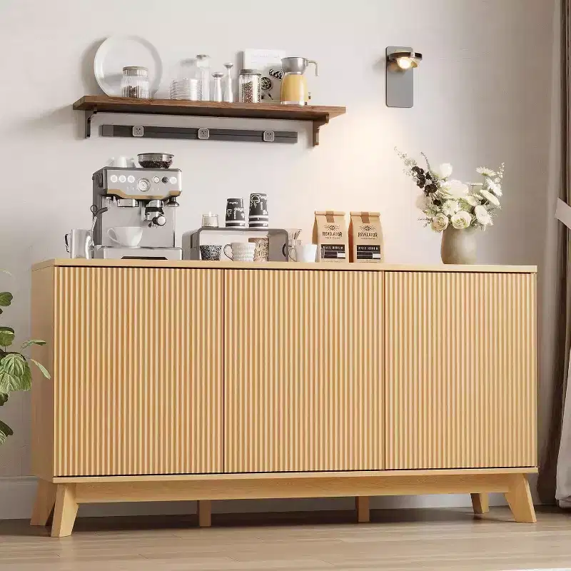 58 Farmhouse Sideboard Buffet Cabinet with 3 Fluted Doors & Adjustable Shelves - 58 Inch Farmhouse Buffet Cabinet with Storage