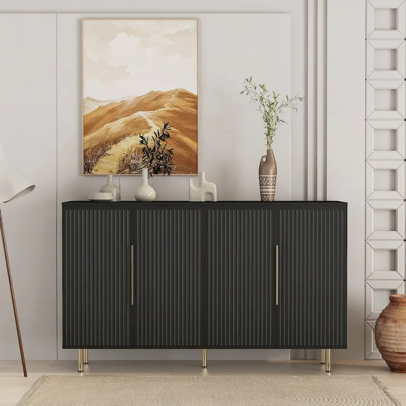 Fluted Panel Buffet Cabinet with 4 Compartments – Black / White, Metal Handles, Modern Style