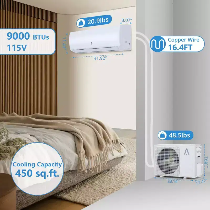 9000 Btus Wifi Enabled Split-System Air Conditioners, R454B 19 SEER2 115V Inverter Ductless Split AC Unit With Pre-Charged Condenser
