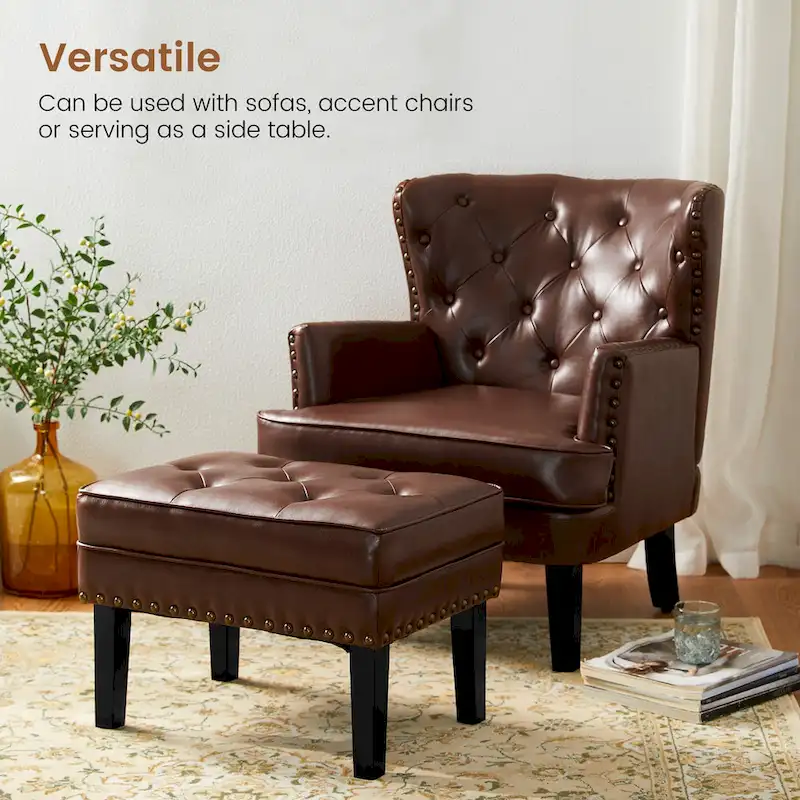 Black / Coffee Mid-Century Button-Tufted PU Leather Ottoman