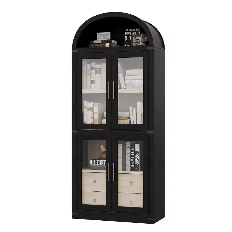 CuisinSmart 72in Tall Arched Bookcase, Glass Door Arched Cabinet with 2 Drawers, Freestanding Display Storage Cabinet for Living Room, Bedroom