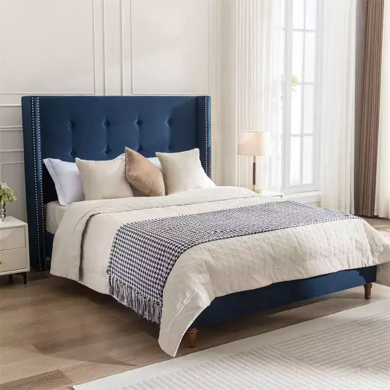Upholstered Queen Bed, Platform Bed Frame / 54 High Headboard / Traditional Hand Buttoned Tufting / Nailhead Trim Wingback / No Box Spring Needed