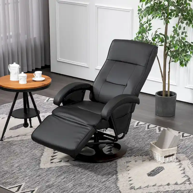HOMCOM PU Recliner with Footrest, Lounge Chair with 135 Adjustable Backrest, Swivel Wood Base