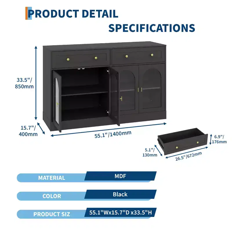 4 Acrylic Doors and 2 Drawers, Wide Sideboard Buffet CabinetWood Kitchen Storage Cabinet for Dining Room, Living Room