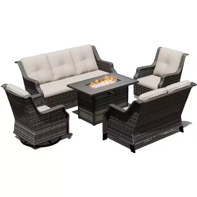 UPTIOT Outdoor Modular Set with 3-Seater Sofa, Loveseat, Rockers & Convertible Fire Table