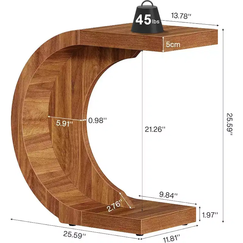 Lantine C-Shaped End Table Rustic Compact Side Table for Couch, Small Space Living Room & Bedroom, Easy Assembly, Walnut