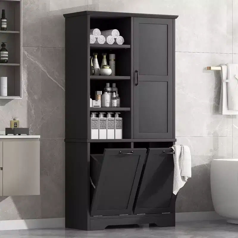 Bathroom Storage Cabinet with Drawers, Tilt-Out Laundry Hamper and Open Shelves