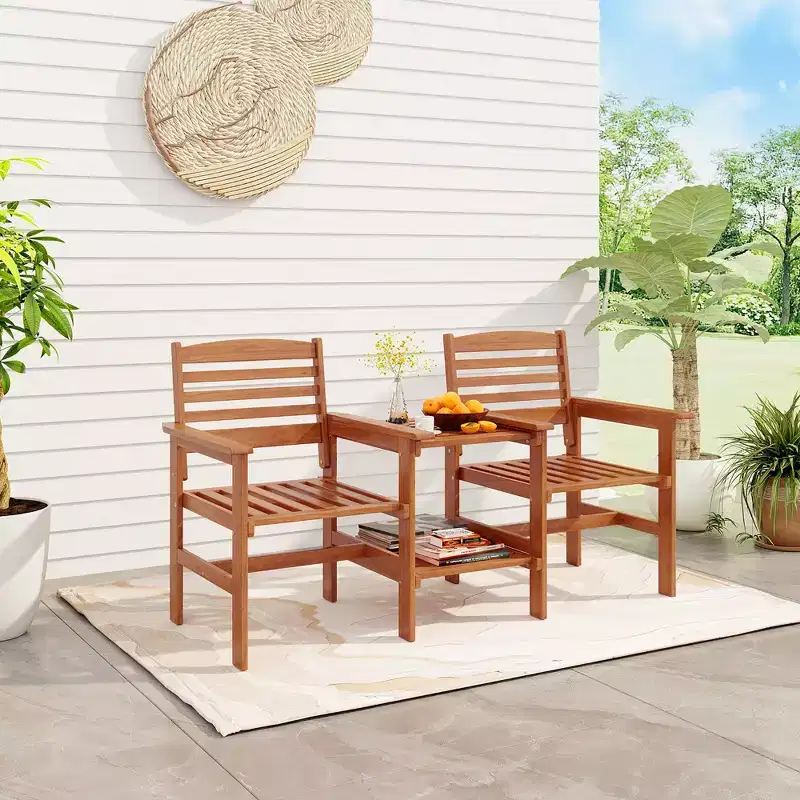 Costway Outdoor Patio Loveseat w/ Coffee Table & Umbrella Hole for Garden Poolside