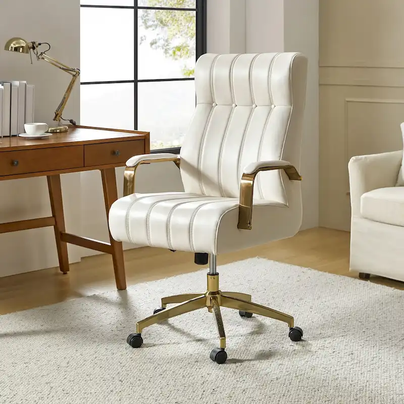 Mid-Century Modern Vegan Leather Swivel Tilting Office Chair with Channel Tufted and Metal Feet