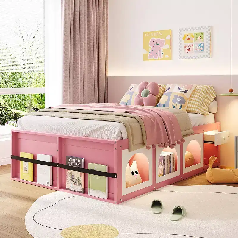 Miller Wooden Platform Bed with Bookshelf, Display Cabinet, LED Light and Drawer