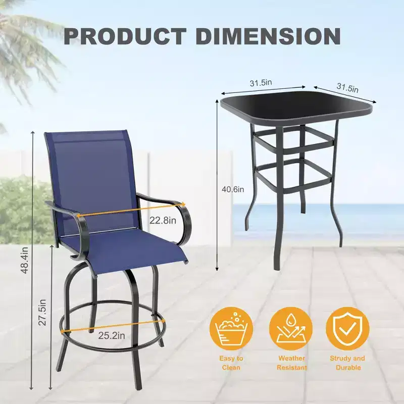5 Piece Patio Bar Furniture Set Swivel Stools Glass Top Table Blue Textilene, All Weather Textilene High Swivel Bar Stools Chair Set