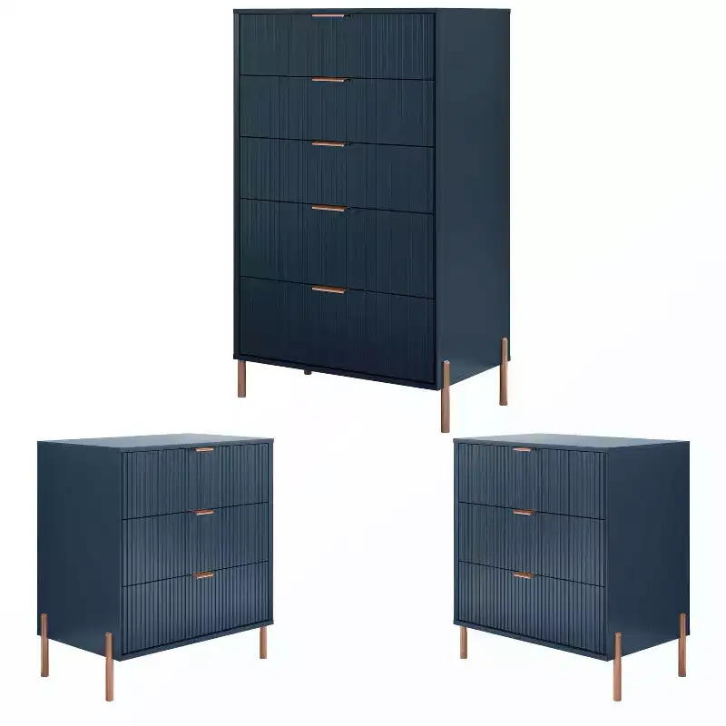 Festivo 3pc Modern Elegance 3 Drawer Nightstands and 5 Drawer Chest Set Navy