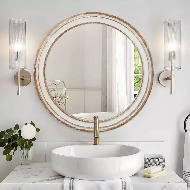 MAYEERTY 24 inches Wooden Farmhouse Round Wall Mirror for Bathroom Vanity Bedroom Living Room Kitchen Office