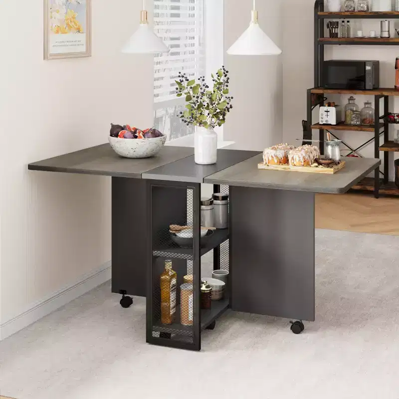 Folding Dining Table for Kitchen, Space Saving Dining Table, Extendable Kitchen Drop Leaf Table with 6 Wheels for Small Space