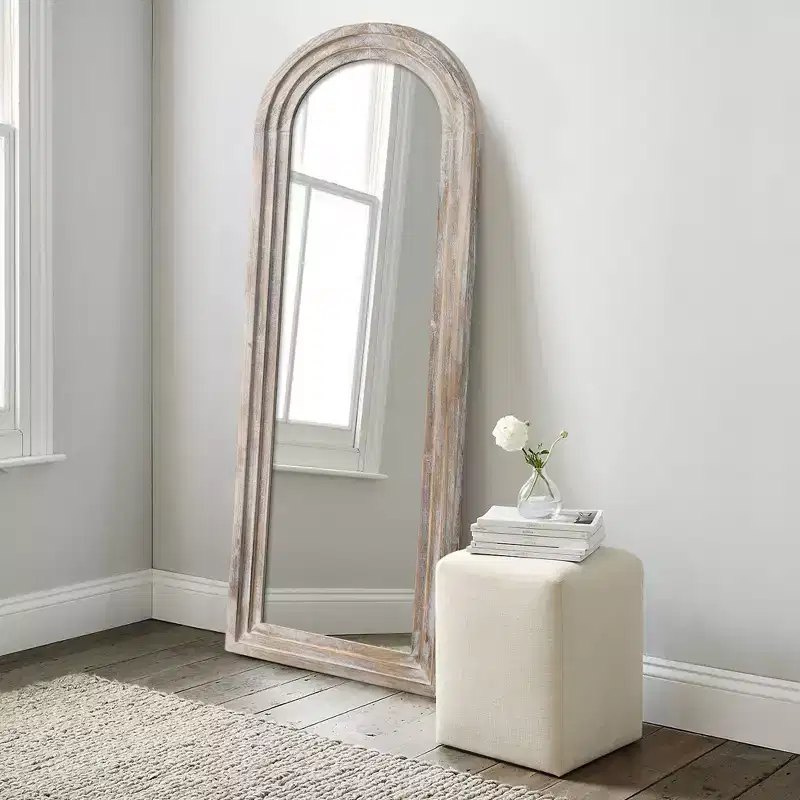 21 in. W x 64 in. H Classic Arched Solid Wood Framed Leaning Mirror in Weathered White