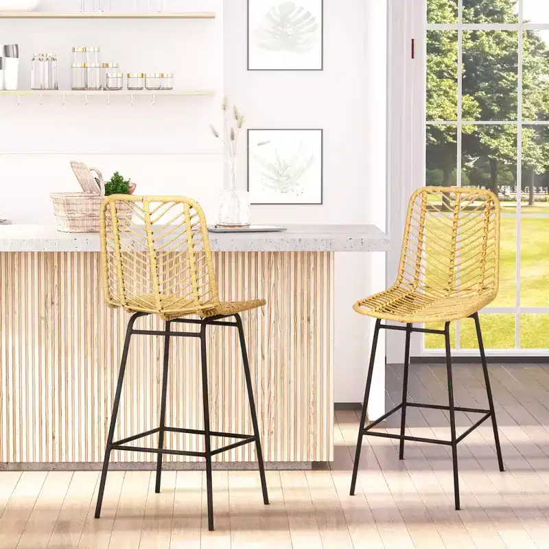 Vatros Rattan Bar Stools Set, 26 Counter Height Barstools, Boho Kitchen Island Stools with Breathable Wicker Seat and Back
