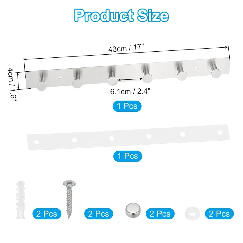 Silver / Black Stainless Steel Wall Mount Coat Hook Rail with 4 or 6 Hooks for 1+ Person