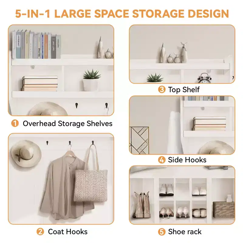 5-in-1 Farmhouse Hall Tree, Entryway Hall Tree, with Shoe Bench & Coat Rack, 8 Shoe Storage Cube, 6 Hanging Hooks Coat Rack