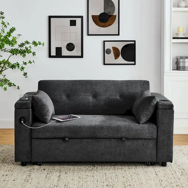 Pull-Out Sleeper Sofa Bed with Storage Armrests and Adjustable Backrest