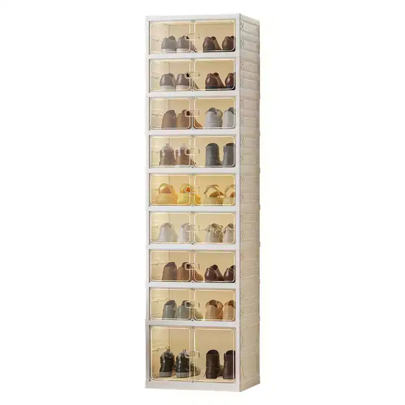 9 Tier Foldable Shoe Rack Organizer, Collapsible Shoe Storage Cabinet with Lids and Magnetic Clear Door , Shoes Storage Boxes for Hallway