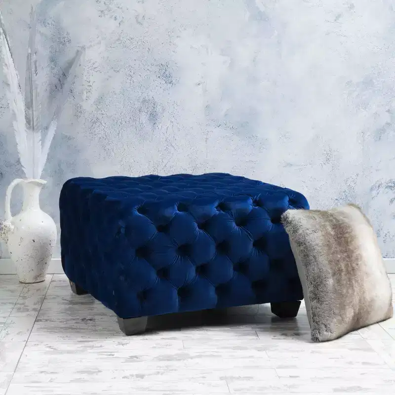 Velvet Ottoman with Button-Tufted Diamond Stitch, Square Entryway Bench, Foot Stool for Living Room