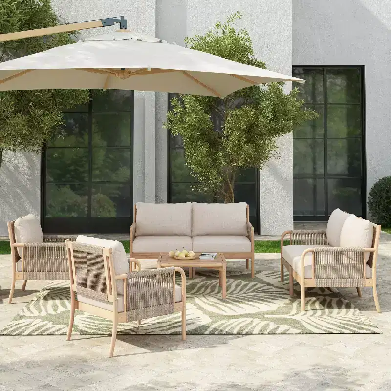 Christopher Knight Home Kazuya Farmhouse 7 Piece Acacia Wood Patio Seating Set with Woven Rope
