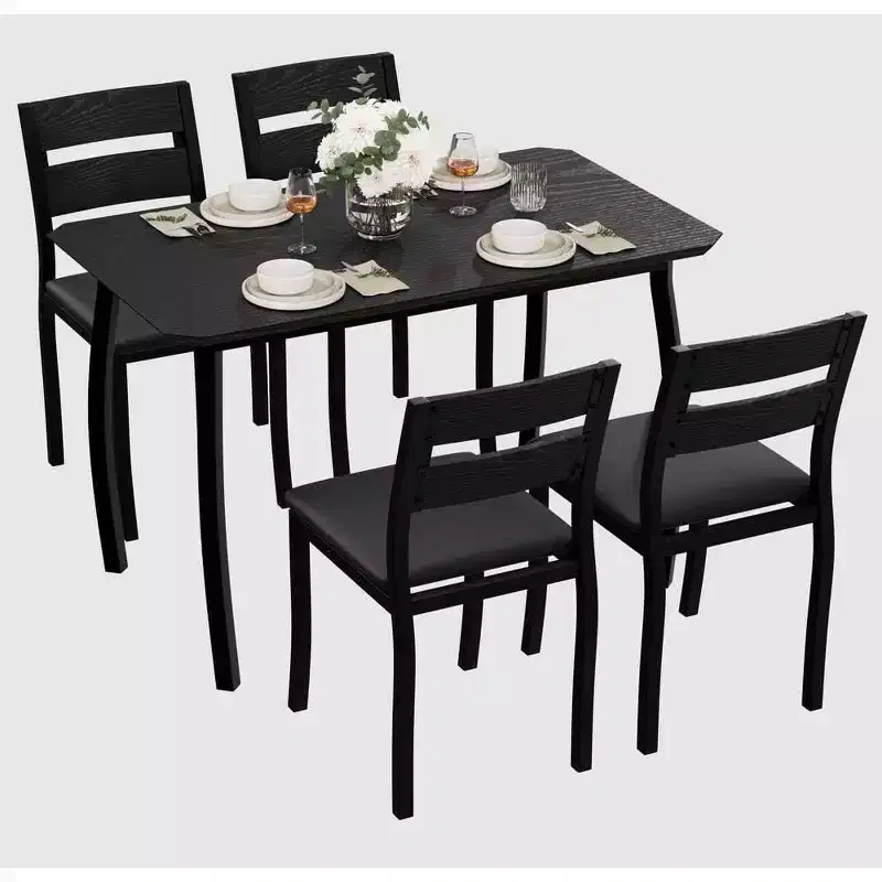 CuisinSmart Dining Table Set for 4, 5 Piece Metal Frame Kitchen Table and Chair Set with Chamfer Design, Space-Saving Dining Room Furniture