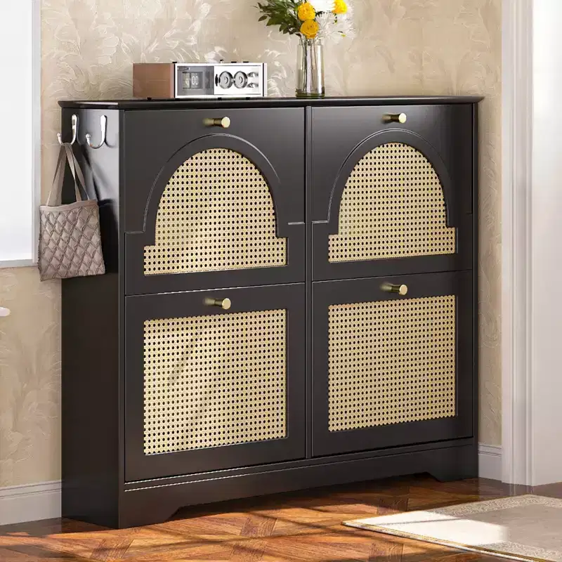 CLIHOME Mid-Century Narrow Design Tipping Bucket Shoe Cabinet with 4 Flip Drawers, Elegant Entryway Shoe Organizer with 4 Rattan Doors
