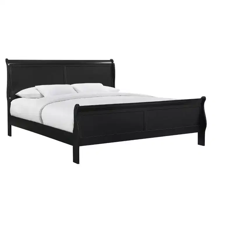 Okak 62 Queen Sleigh Bed Solid Wood Youth Bed Frame with Headboard/Footboard, Low Profile Safe Design for Kids Room, Black