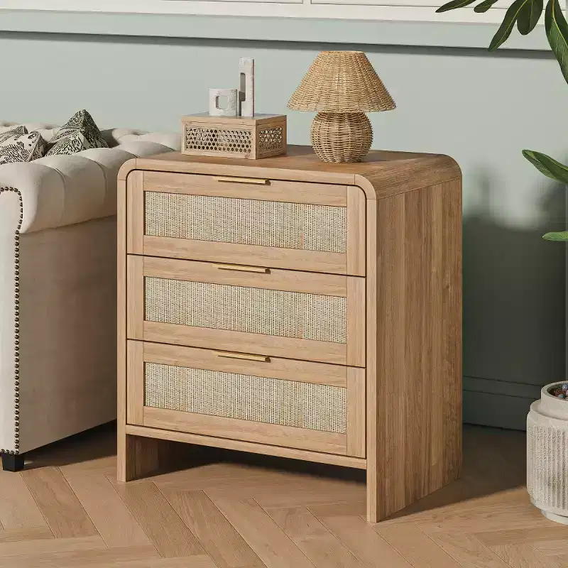 Set of 2 Rattan Nightstands with 3 Drawers, 22.8 Curved Bedside Tables, Mid-Century Modern Bedroom Storage Cabinet-Panipeachy