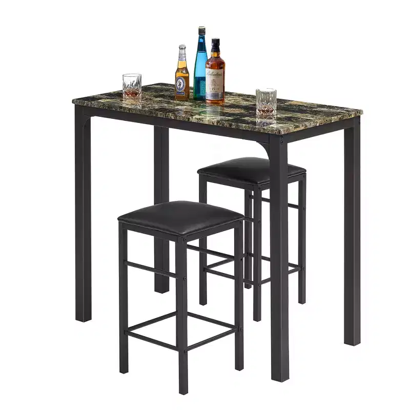 VECELO 3 Pieces Counter Height Bar Table and Chairs Set, Rectangular Kitchen Dining Set for 2 with PU Leather Chairs and Marble Table Top