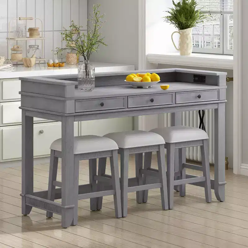 Whisen 4-Piece Dining Bar Table Set with 3 Upholstered Stools and 3 Drawers