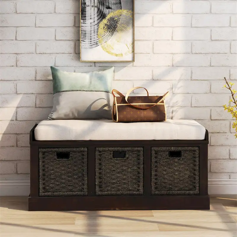 Rustic Storage Bench with 3 Removable Classic Rattan Basket