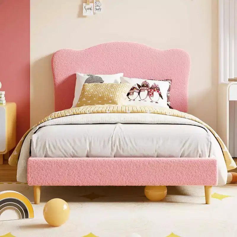 GustoWave Twin Size Upholstered Platform Bed Frame with Scallop Headboard for Kids - Pink, No Box Spring Needed
