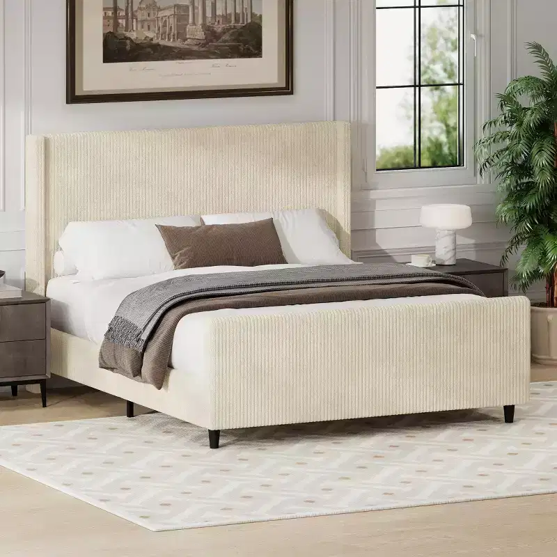 Queen/KIng Size Upholstered Platform Bed Frame with High Wingback Headboard&High Footboard, Corduroy, Cream/Taupe-ModernLuxe