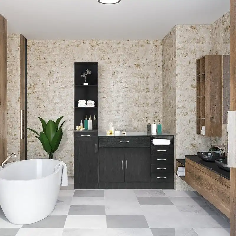 High Bathroom Wall Cabinet with 1 Door, 1 Drawer - Black
