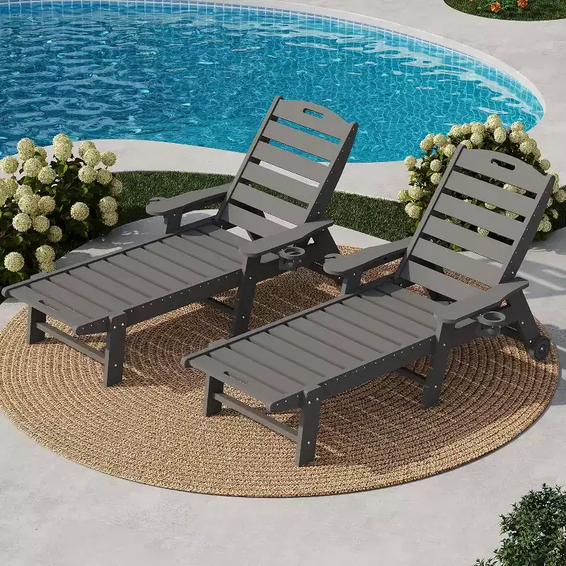 Outdoor Chaise Lounge with Rolling Wheels, Oversize HDPE 5-Position Pool Lounge Chairs, Pool Lounges Chairs