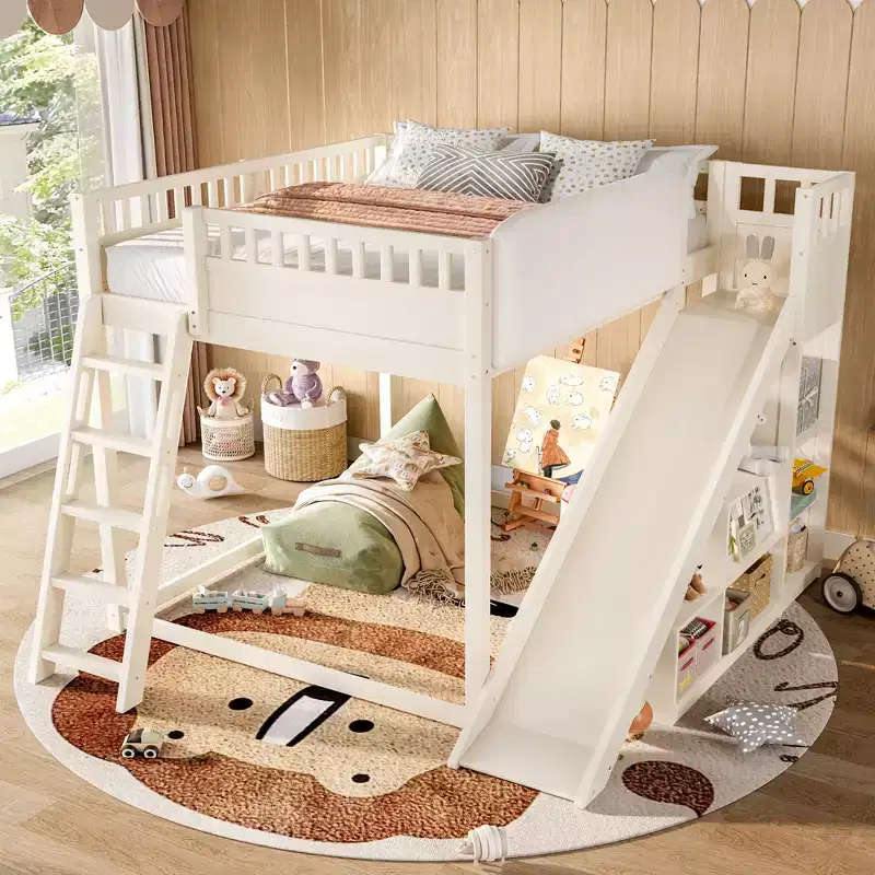Loft Bed with Upholstered Headboard and Storage Shelves, Solid Wood Loft Bed Frame with Ladder and Slide for Kids