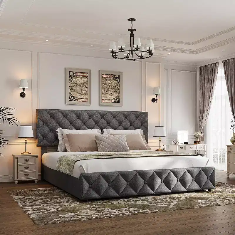 Full Size Bed Frame with 4 Storage Drawers and Adjustable Headboard, Upholstered Platform Bed, No Box Spring Required, Grey