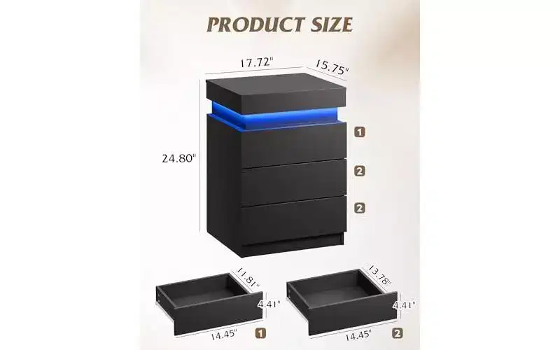 Nightstand with Charging Station & LED Lights, Night Stand with 3 Drawers and Sliding Top