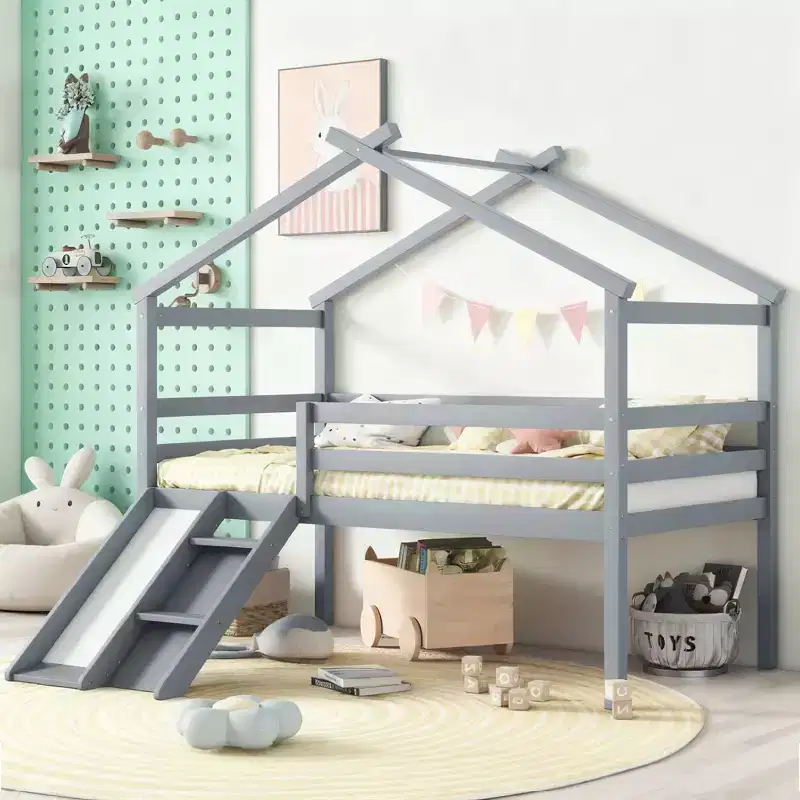 Luxystar Twin Low Loft House Bed with Slide, Ladder, Safety Guardrails and House Roof Frame for Kids' Room