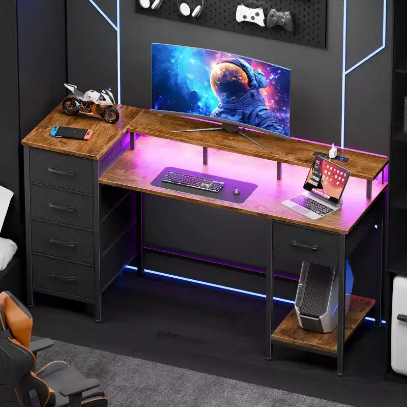 47 Inch Rustic Brown Computer Desk with Charging Station Reversible Gaming Desk LED Lights 5 Fabric Drawers Monitor Stand Home Office Writing Table