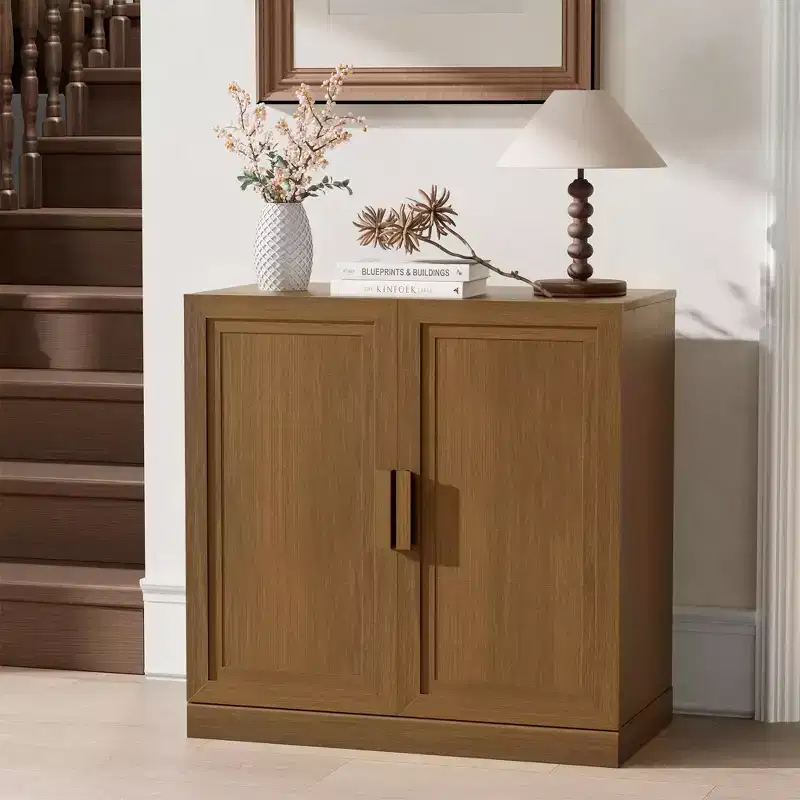 31 in. Tall Wood Grain Storage Cabinet in White, Storage Organizer with 2 Solid Wood Doors for Bedroom Living/Dinning Room
