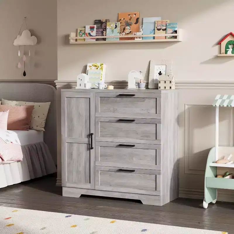 Wood Armoire Wardrobe Closet with 4 Drawers and Door, 43.3 H Bedroom Wardrobe Cabinet with Hanging Rod, Clothing Storage Cabinets