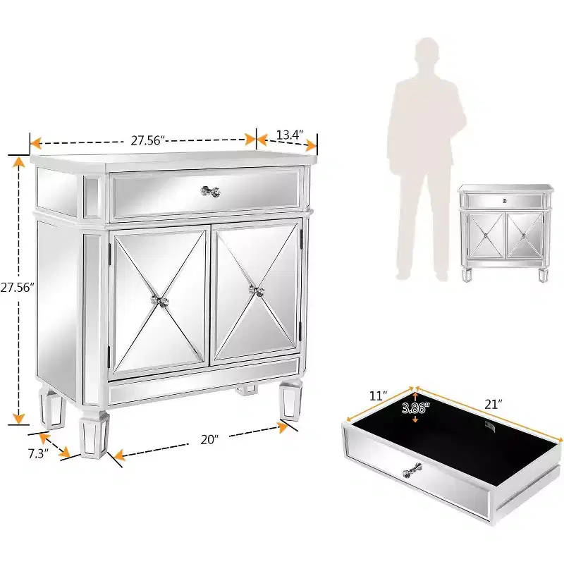 VINGLI Mirrored Cabinet, Mirrored Nightstand, Mirrored Dresser Accent Chest, Large Mirror Nightstand with 1 Drawer and Two Doors, Mirror